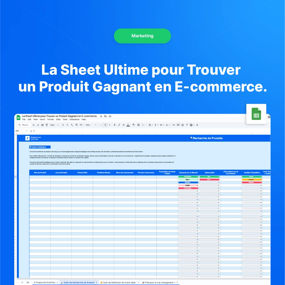 Sheet Ultime pour Trouver un Produit Gagnant en E-commerce.